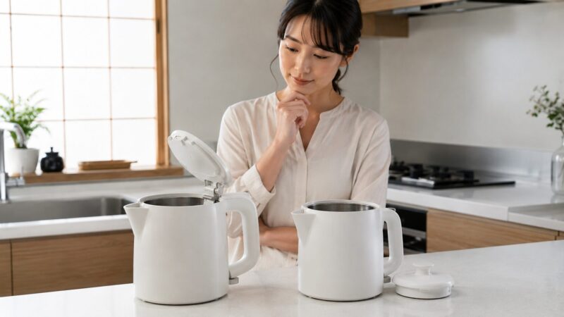 蓋が取れないタイプと取り外し式の電気ケトルを比較する女性