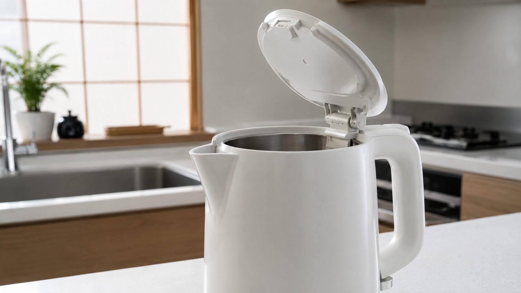 蓋が本体に付いたまま開く電気ケトルの構造を示すイメージ