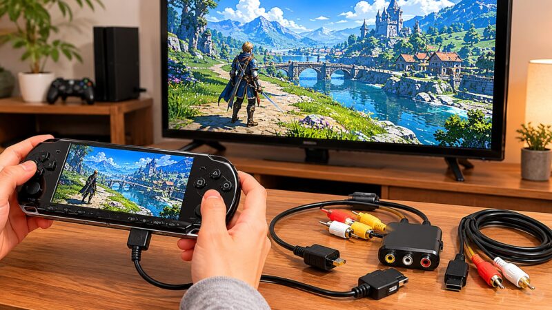 PSPをテレビに接続してゲーム画面を出力する様子