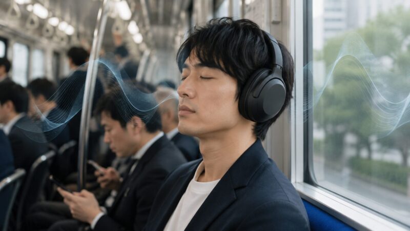電車内でノイズキャンセリングヘッドホンにより静けさを感じる日本人男性