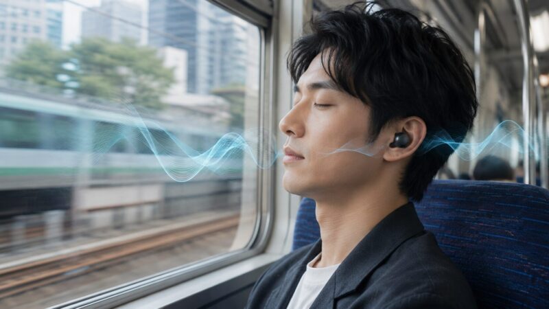 電車内でWF-1000XM5のノイズキャンセリング効果を確認する日本人男性