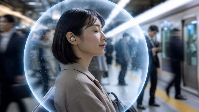 電車内でノイズキャンセリング機能を使い静かに音楽を聴く日本人利用者