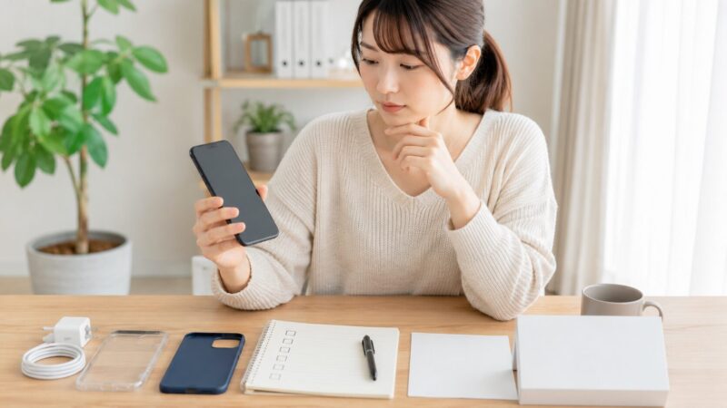 型落ちハイエンドスマホを購入前に慎重にチェックする日本人女性