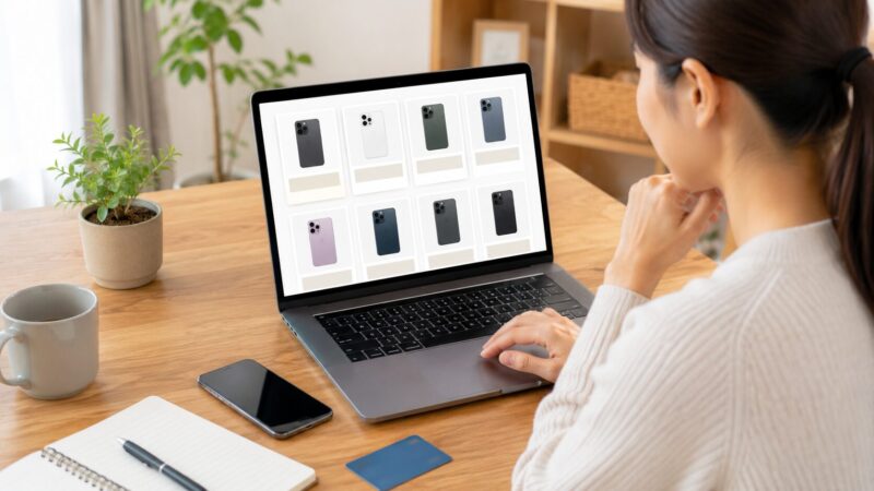 型落ちハイエンドスマホの購入先をパソコンで比較する日本人女性
