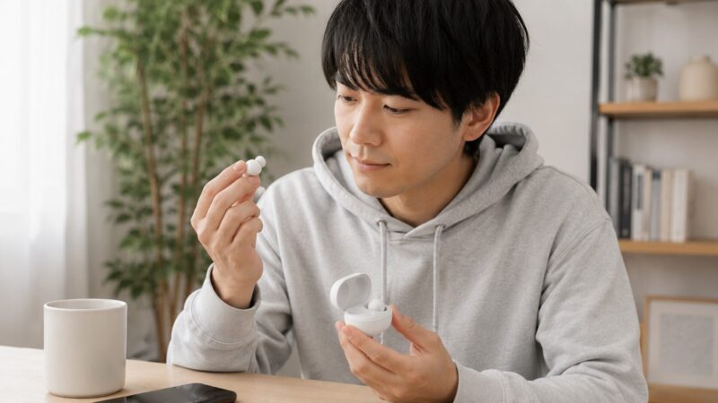 　カジュアルな白いワイヤレスイヤホンを手に取って確認する日本人男性