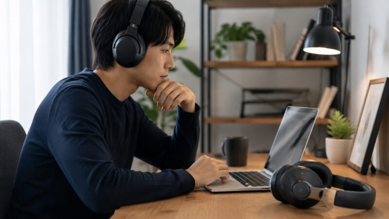 自宅作業で使うヘッドホンの快適性と音質を比較するイメージ