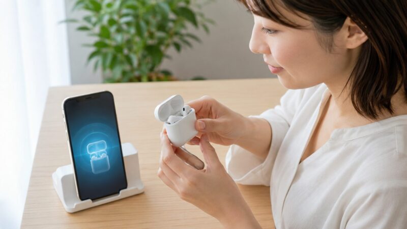 AirPodsのペアリング表示をスマートフォンで確認する女性