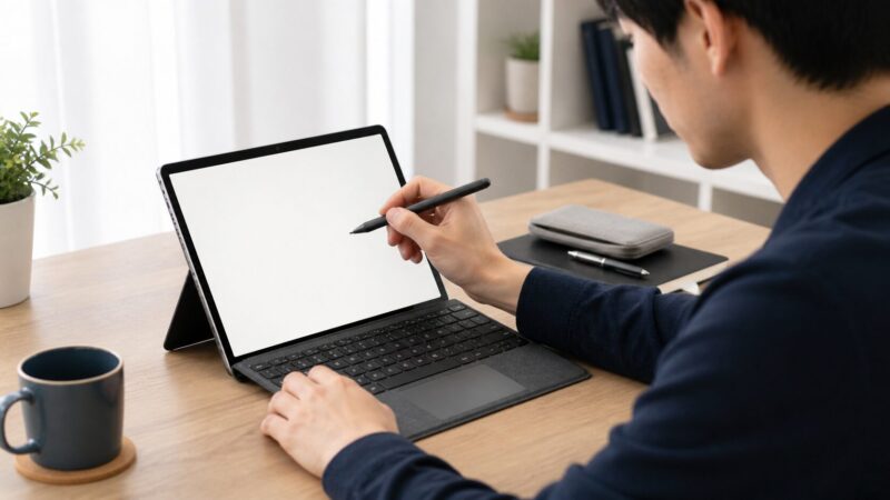 Surface Pro 12インチ級タブレットでキーボード入力とスタイラスペンの手書きを使う様子