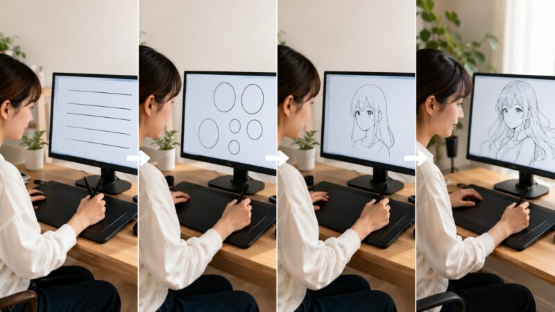 板タブ初心者が線や円の練習を続けて少しずつ上達する過程