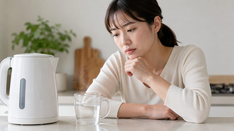 電気ケトルのお湯と素材への不安を考える女性のイメージ