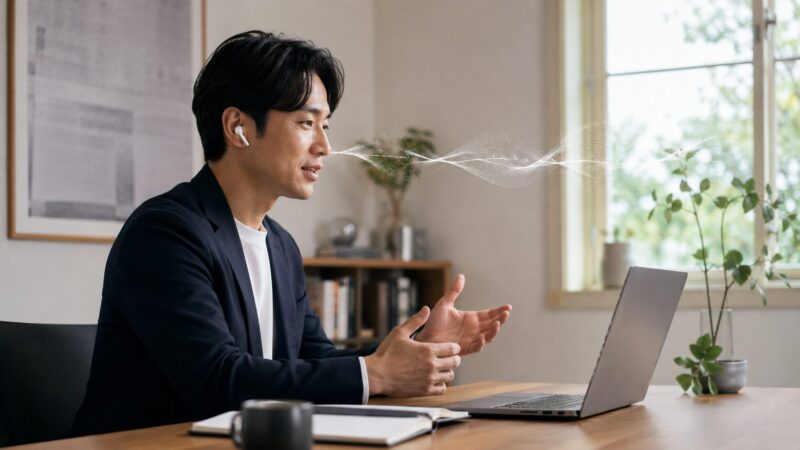 Pixel Buds Pro 2風イヤホンでオンライン通話をする日本人ビジネスパーソン