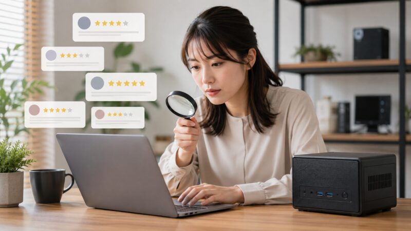ミニPCのレビュー傾向や使用環境を確認する日本人女性のイメージ