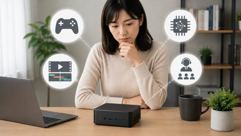 ミニPCが向かない高負荷用途や業務用途を検討する日本人ユーザーのイメージ