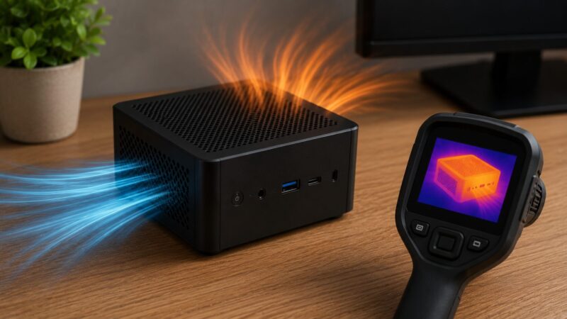 ミニPCの吸気と排気による熱対策を表したイメージ