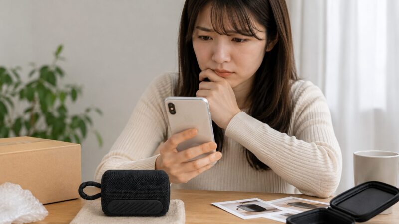 フリマアプリで小型Bluetoothスピーカー購入を慎重に検討する日本人女性