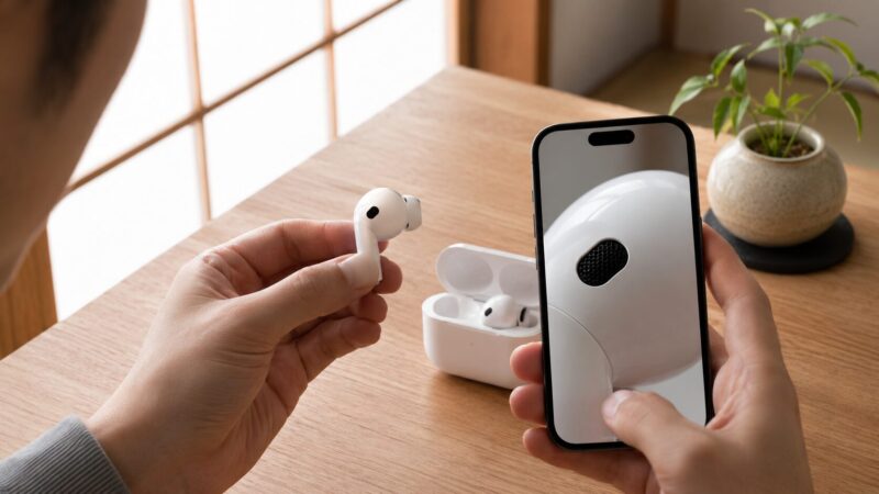 AirPods本体のモデル番号をスマートフォンで拡大確認する様子
