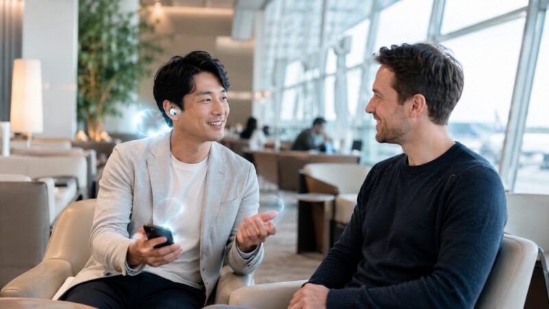 AirPodsのライブ翻訳機能を海外旅行で使う日本人男性のイメージ