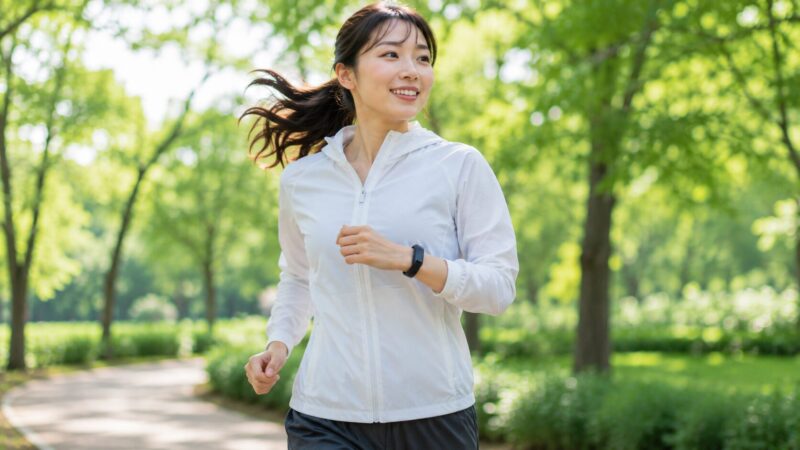 Fitbit Inspire 3を着けてランニングする日本人女性