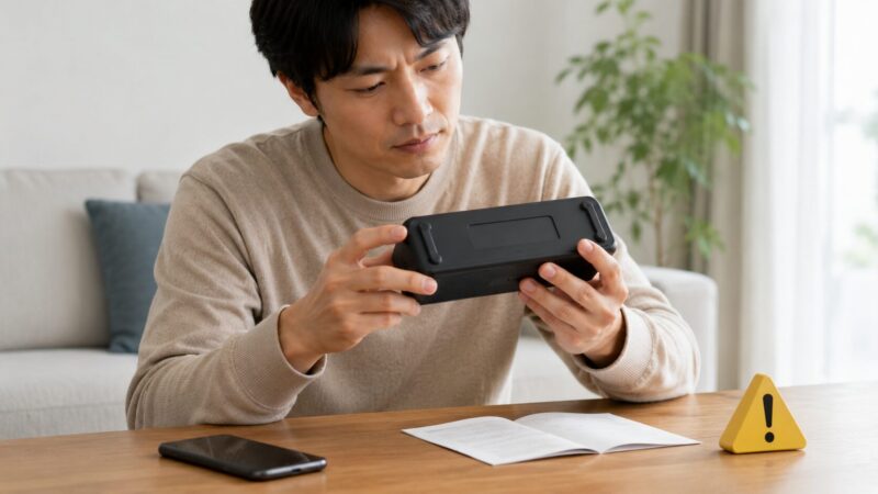 Soundcore 3風スピーカーの底面を確認してリコール対象を調べる日本人男性