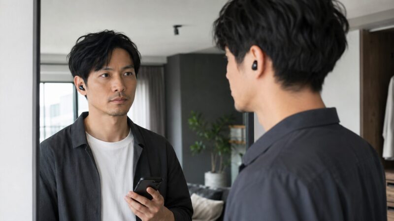 装着レビューのように黒いワイヤレスイヤホンの見た目を確認する日本人男性
