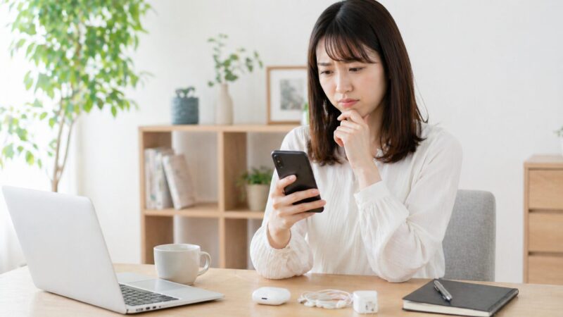 Xperia 10 VIの不具合や口コミを確認する日本人女性のイメージ画像