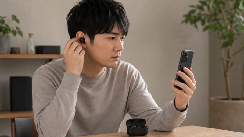 スマホカメラでワイヤレスイヤホンの装着感と見た目を確認する日本人男性