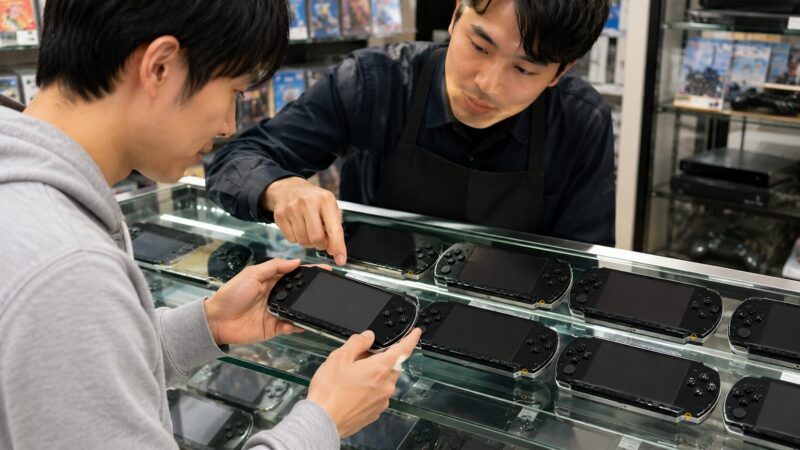 中古ショップでPSP-2000とPSP-3000の状態を確認して選ぶ様子