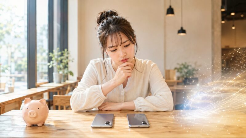 Galaxy S25とS26のどちらを今買うべきか悩む購入者のイメージ