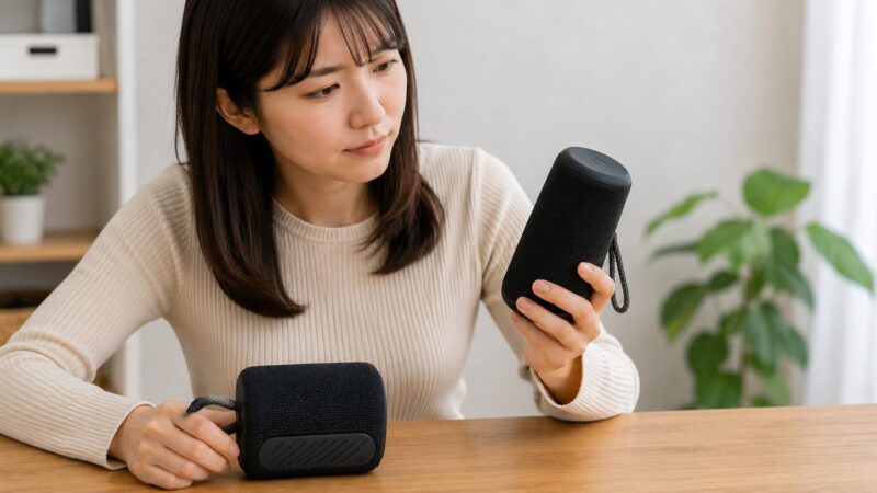 円筒型と角型の小型Bluetoothスピーカーを比較して代替候補を検討する女性
