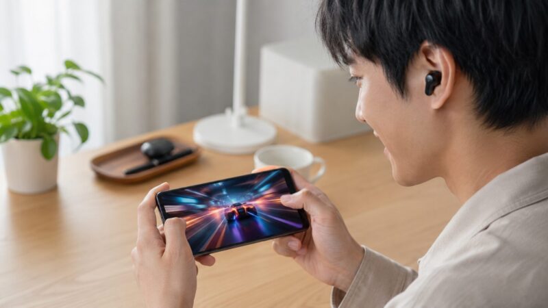 ワイヤレスイヤホンを装着してスマホゲームを楽しむ日本人男性