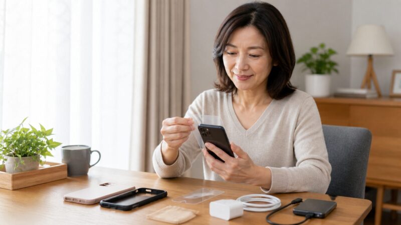スマホを長く使うためにケースや保護フィルムを準備する日本人女性