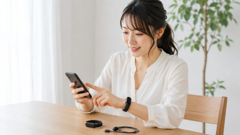 スマートフォンでFitbit Inspire 3を初期設定する日本人女性