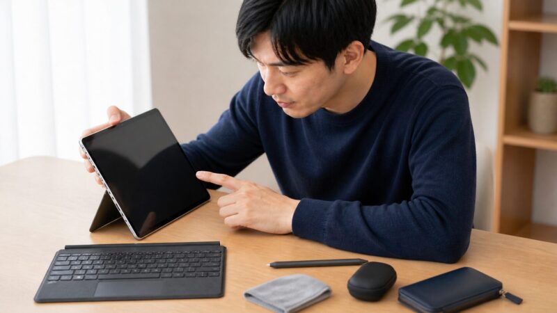 中古のSurface Pro 12インチ級タブレットの画面やキーボード接点を確認する日本人ユーザー