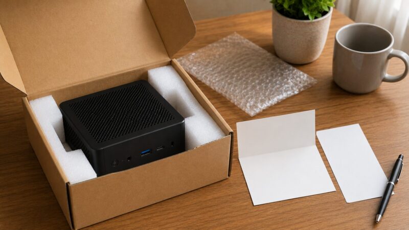 ミニPCの保証書や返品対応を確認する梱包イメージ