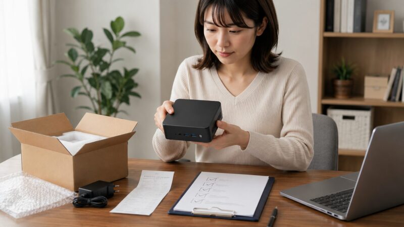 ミニPC購入後に保証や返品条件を確認する日本人ユーザーのイメージ