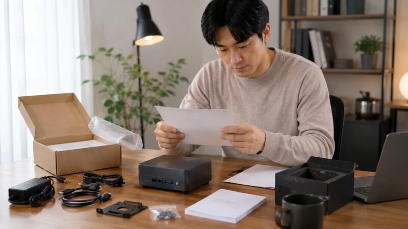 ミニPCの保証対応に備えて本体や付属品、購入書類を確認する様子