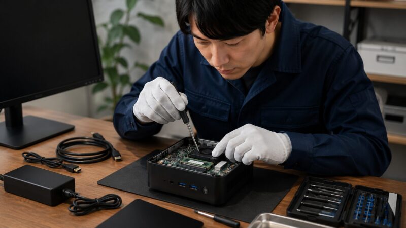 ミニPCの電源やケーブル、内部部品を点検する修理作業のイメージ