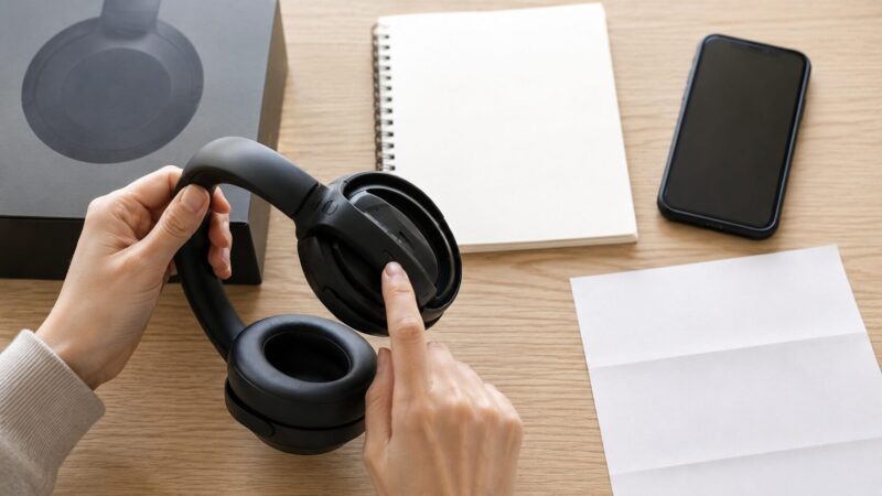 ヘッドホンの修理期限と申し込みに必要な購入証明や製造番号を確認している様子