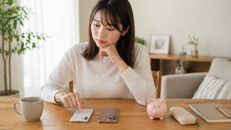 価格差を考えながらiPhone 17とiPhone 17 Proを比較する日本人女性のイメージ画像