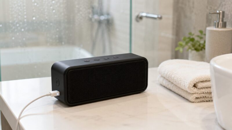 乾いた場所でUSB-C充電している防水Bluetoothスピーカー