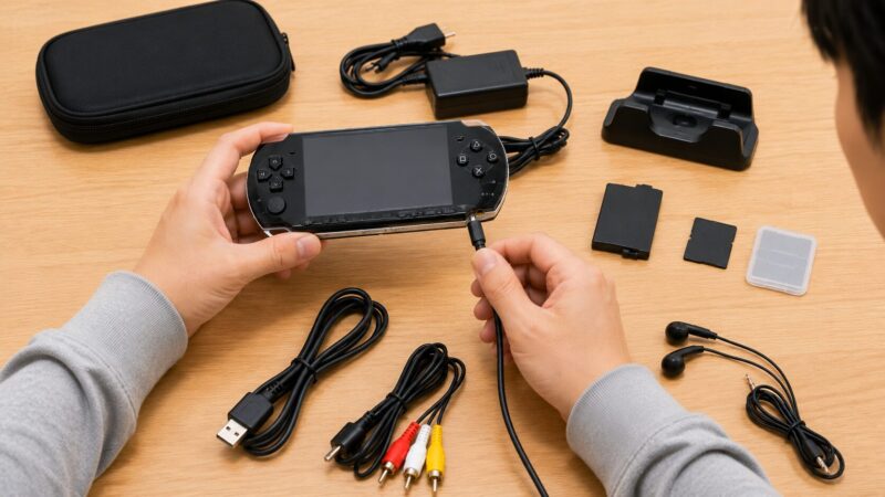 PSP用の充電器やケーブルやメモリーカードなど周辺機器を確認する様子