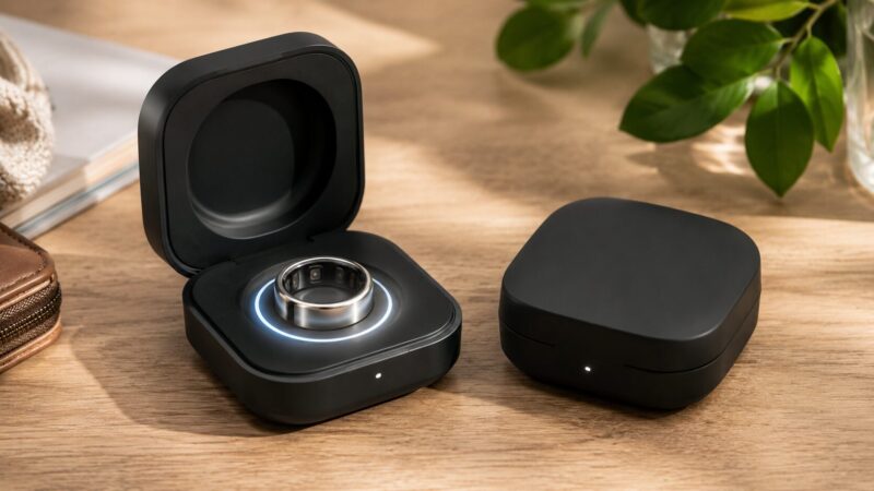 RingConn Gen 2の充電ケースとリング本体を示すバッテリー性能向けイメージ