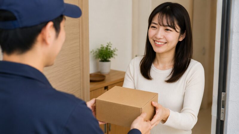 正規販売で購入した小型Bluetoothスピーカーを安心して受け取る日本人女性