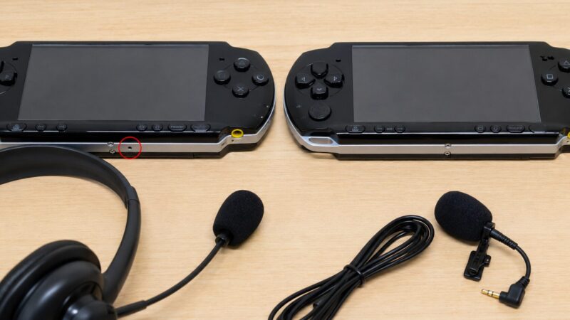 PSP-2000とPSP-3000の内蔵マイク部分を比較するクローズアップ写真