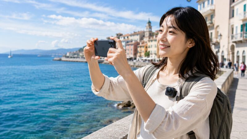 スマートフォン写真と小型カメラ動画の使い分けを示す旅行撮影イメージ