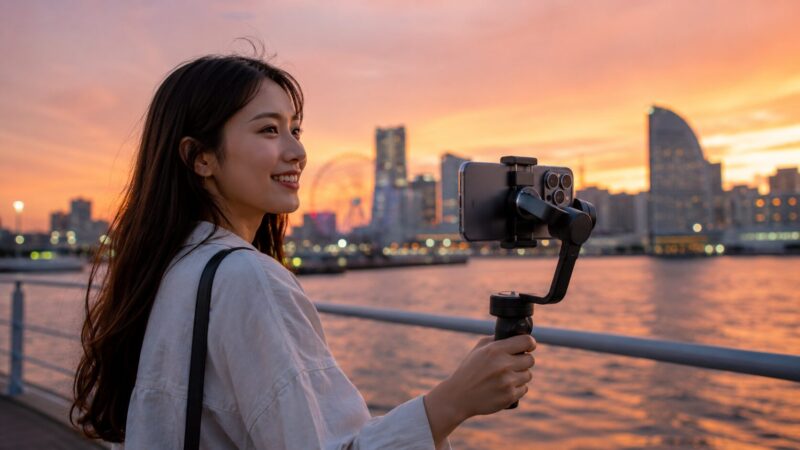 Xiaomi 15T Proで夕暮れの街を動画撮影する日本人女性のイメージ