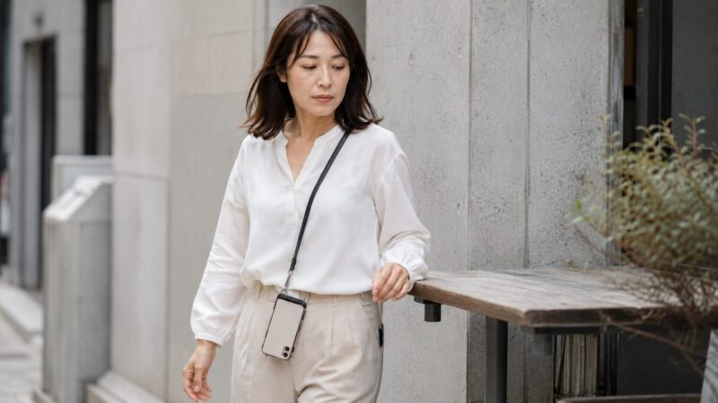 スマホが外に見えることで落下や引っかかりに注意が必要なスマホショルダー