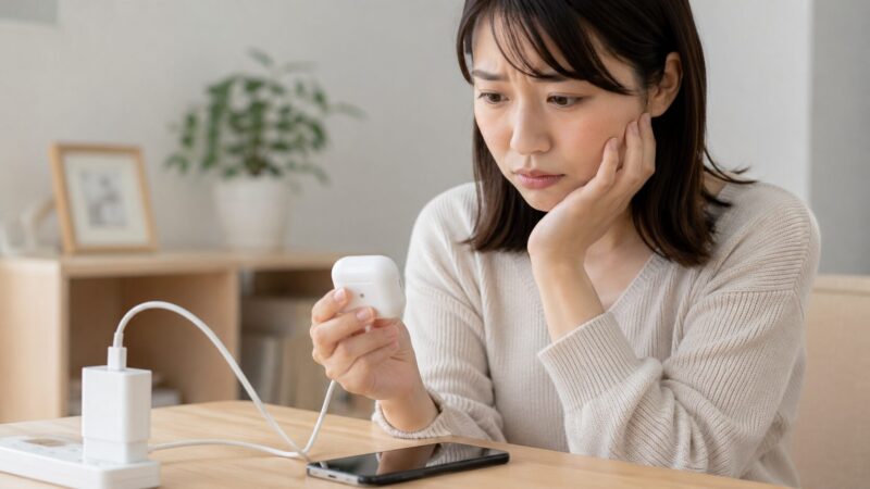 偽物のAirPodsによる発熱や充電トラブルを心配する女性