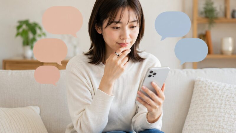 b.ringの口コミや評判をスマートフォンで確認する日本人女性