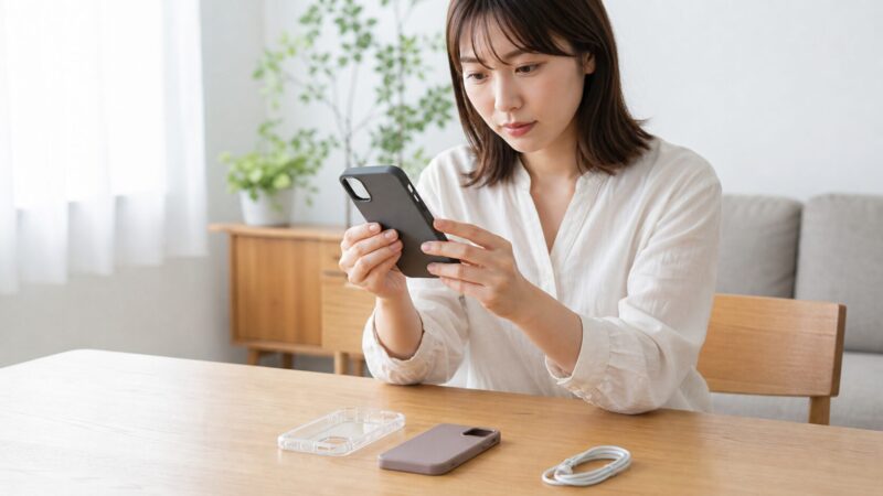 スマートフォンケースのカメラ穴やボタン位置を確認する日本人女性
